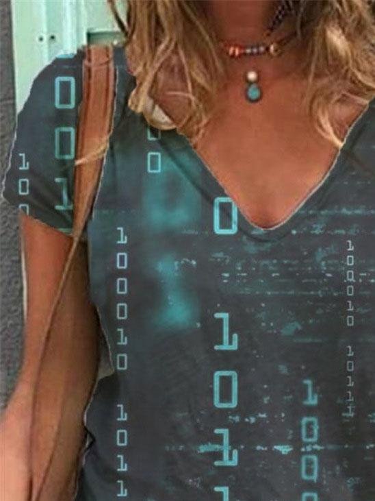 English Print Short-sleeved V-neck Casual Loose T-shirt - LuckyFash™