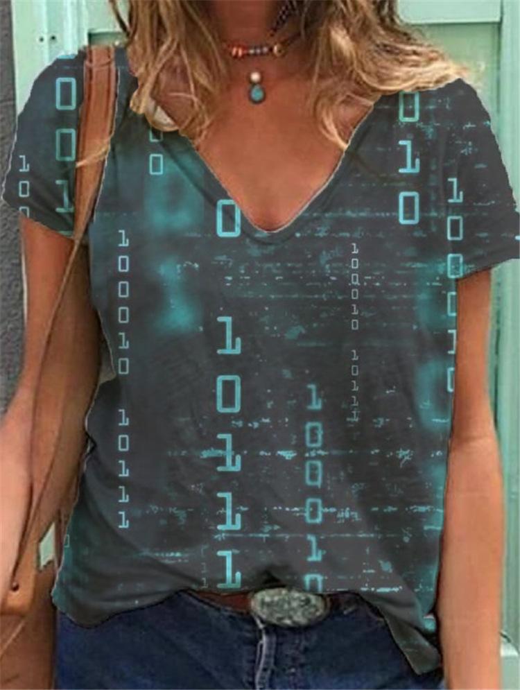 English Print Short-sleeved V-neck Casual Loose T-shirt - LuckyFash™