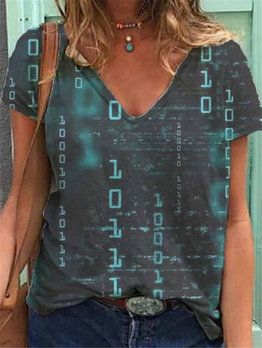 English Print Short-sleeved V-neck Casual Loose T-shirt - LuckyFash™