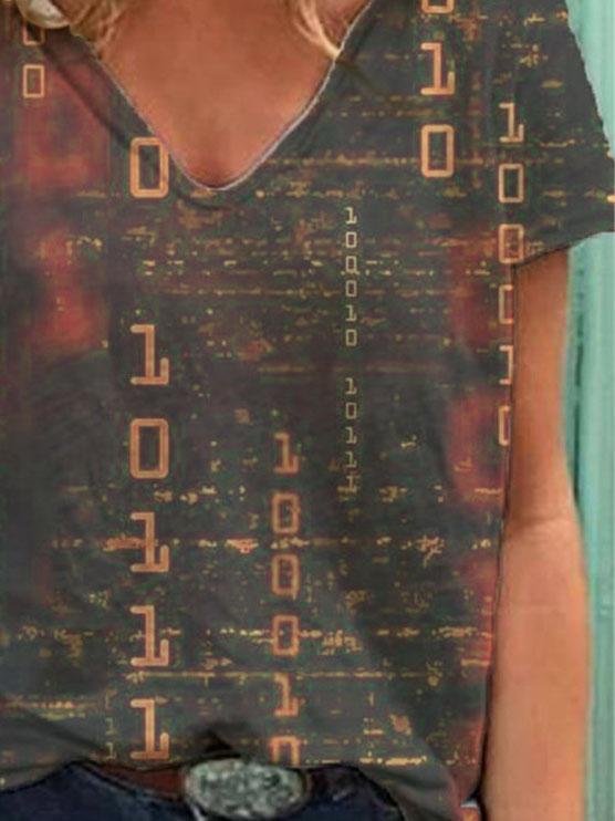 English Print Short-sleeved V-neck Casual Loose T-shirt - LuckyFash™