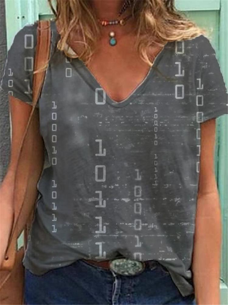 English Print Short-sleeved V-neck Casual Loose T-shirt - LuckyFash™