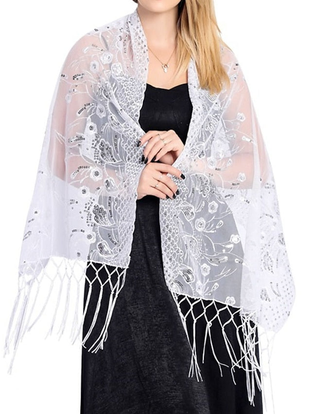 Women's Women's Shawls & Wraps Party Wedding Indoor Light Blue Black White Scarf Embroidered Flower - LuckyFash™