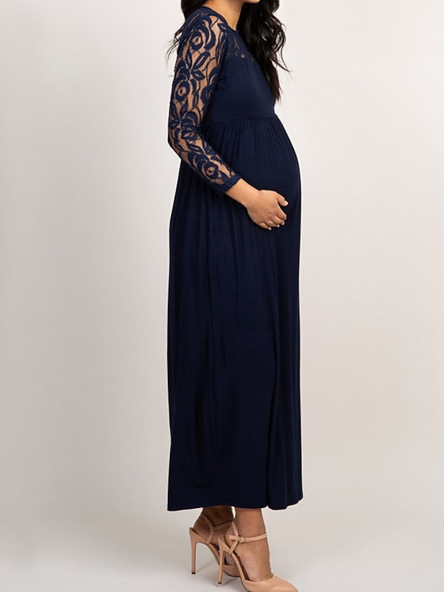 Womenâ€˜s Baby Shower Dress Casual Dress Lace Dress Sheath Dress Solid Color Maxi Long Sleeve Lace Patchwork Crew Neck Black White Pink Spring S M L XL XXL - LuckyFash™