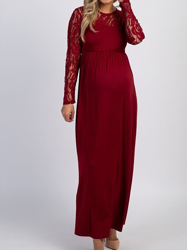 Womenâ€˜s Baby Shower Dress Casual Dress Lace Dress Sheath Dress Solid Color Maxi Long Sleeve Lace Patchwork Crew Neck Black White Pink Spring S M L XL XXL - LuckyFash™