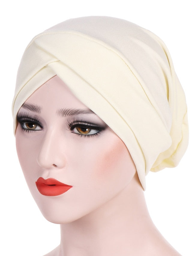 Solid Stretch Fabric Forehead Cross India Cap Turban Hat Women Elastic Turban Muslim Hijab Islamic India Hair Loss Caps Scarf Headwraps - LuckyFash™