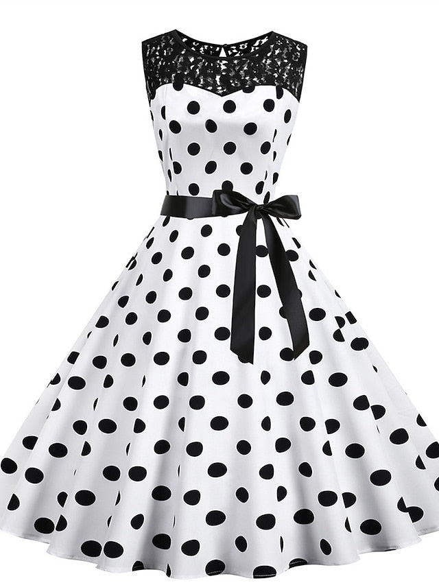 Women's Elegant Retro Vintage Dress Midi Dress Outdoor Holiday Lace Polka Dot Crew Neck Sleeveless Regular Fit Summer Spring 2023 Black White S M L XL - LuckyFash™
