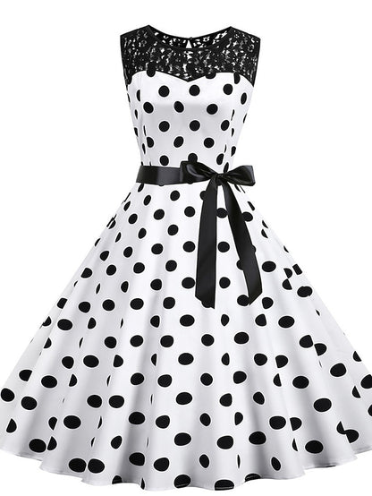 Women's Elegant Retro Vintage Dress Midi Dress Outdoor Holiday Lace Polka Dot Crew Neck Sleeveless Regular Fit Summer Spring 2023 Black White S M L XL - LuckyFash™