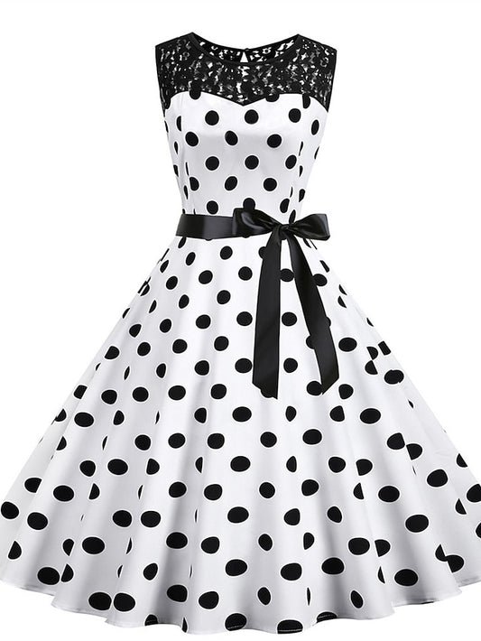 Women's Elegant Retro Vintage Dress Midi Dress Outdoor Holiday Lace Polka Dot Crew Neck Sleeveless Regular Fit Summer Spring 2023 Black White S M L XL - LuckyFash™