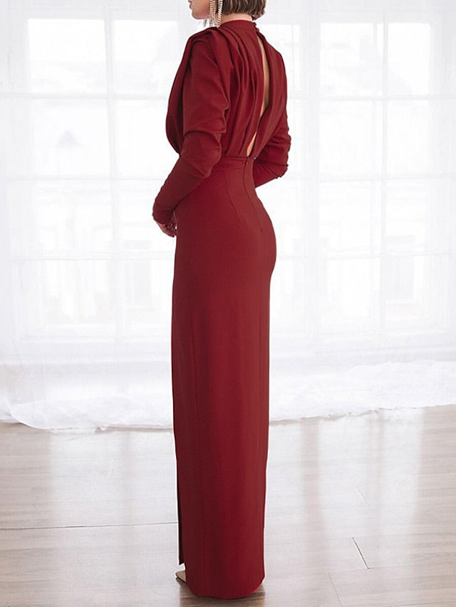 Womenâ€˜s Formal Party Dress Wedding Guest Dress Sheath Dress Long Dress Maxi Dress Black Red Long Sleeve Pure Color Ruched Winter Fall Autumn Turtleneck Fashion Winter Dress 2023 XS S M L XL XXL - LuckyFash™
