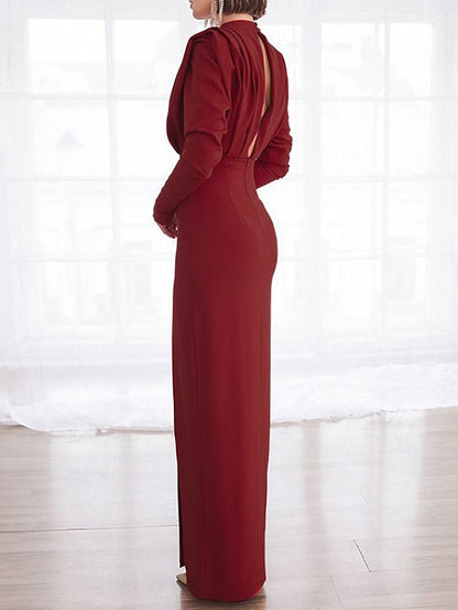 Womenâ€˜s Formal Party Dress Wedding Guest Dress Sheath Dress Long Dress Maxi Dress Black Red Long Sleeve Pure Color Ruched Winter Fall Autumn Turtleneck Fashion Winter Dress 2023 XS S M L XL XXL - LuckyFash™