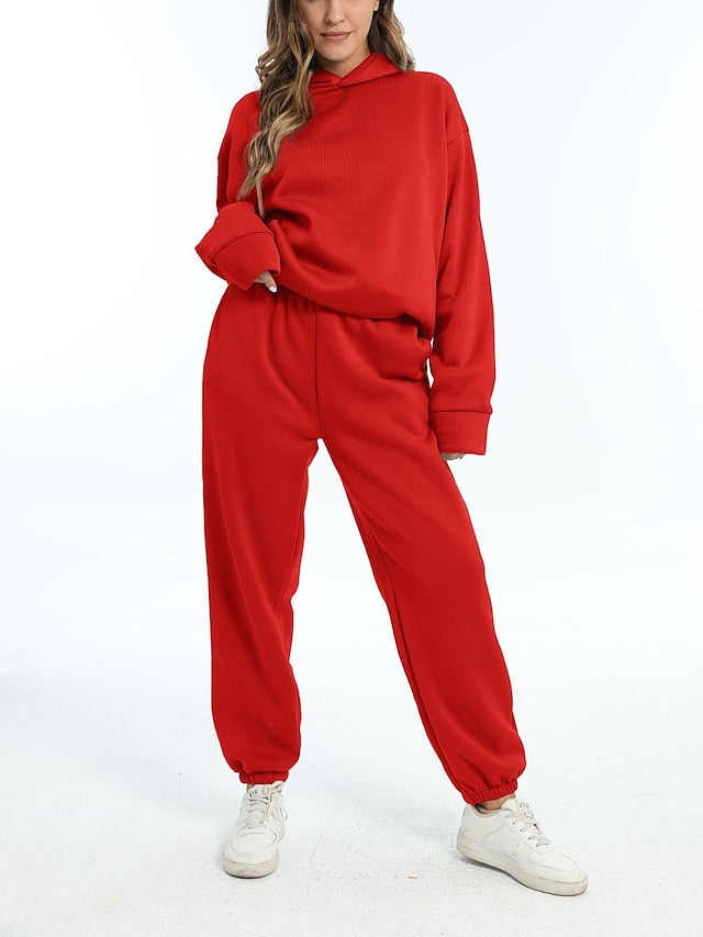 Hoodie 2 Piece Solid / Plain Color Sports Regular Winter Creamy-white ArmyGreen Big red Purple Pink for Women - LuckyFash™