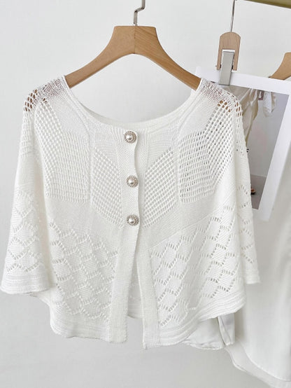 Solid Color Knitted Hollow Shawl Women's Summer Air-conditioned Elegant Vest with Pearl Button Womens Cape Sunscreen Fake Collar - LuckyFash™