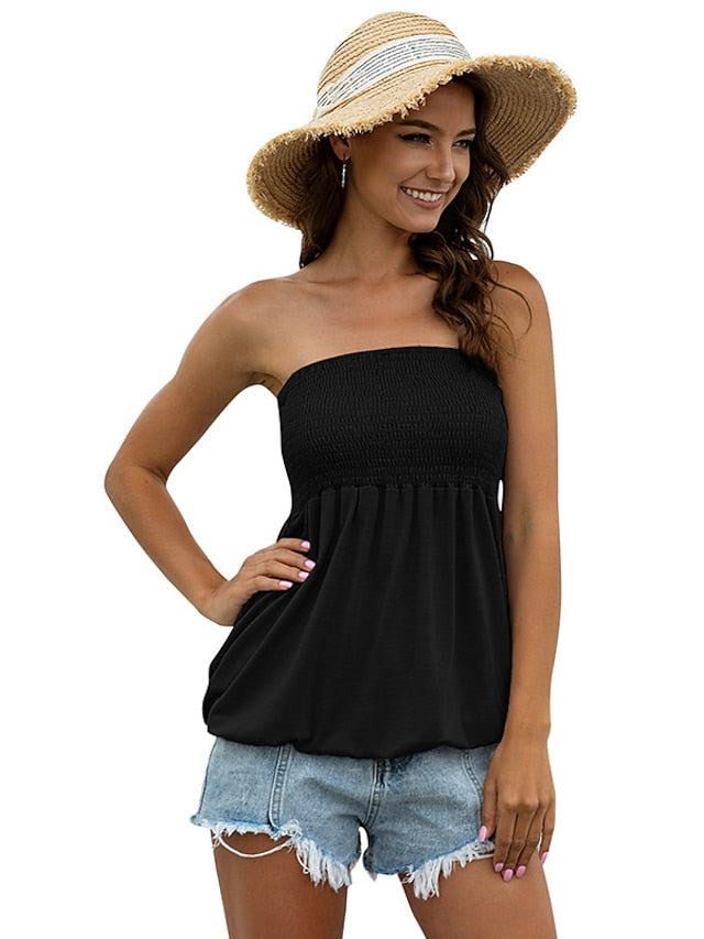 Going Out Tops Bandeau Concert Tops Black White Wine Plain Smocked Strapless Sleeveless Party Holiday Streetwear Hawaiian Sexy Strapless Regular Slim S for Women - LuckyFash™