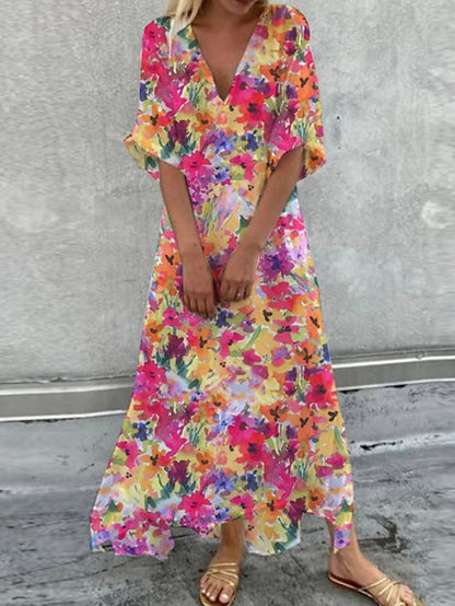 Women's Floral Print V Neck A Line Dress Maxi long Dress Yellow Short Sleeve Print Spring Summer Stylish Vacation 2023 3XL - LuckyFash™
