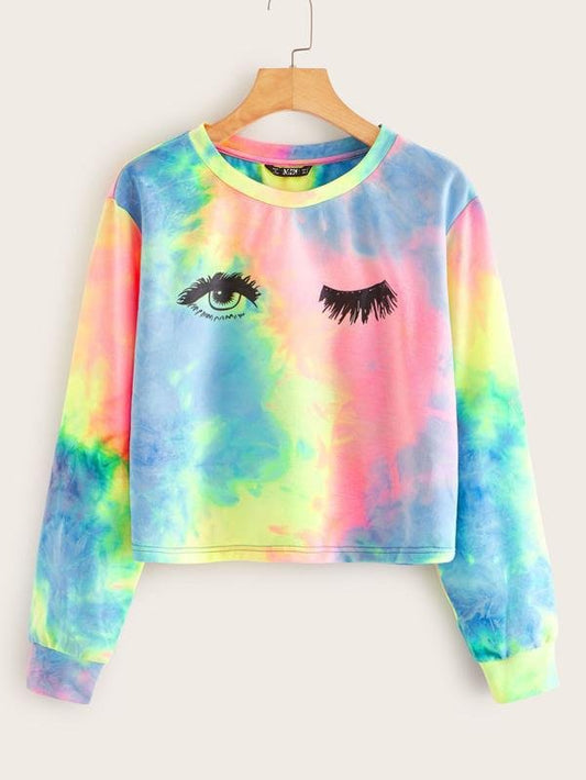 Eye and Eyelash Print Tie Dye Pullover - LuckyFash™