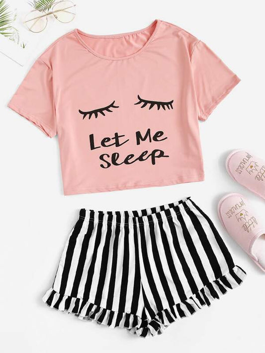 Eye and Letter Graphic Top & Ruffle Striped Shorts PJ Set - LuckyFash™