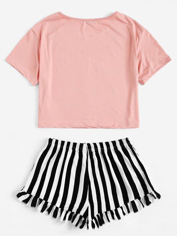 Eye and Letter Graphic Top & Ruffle Striped Shorts PJ Set - LuckyFash™
