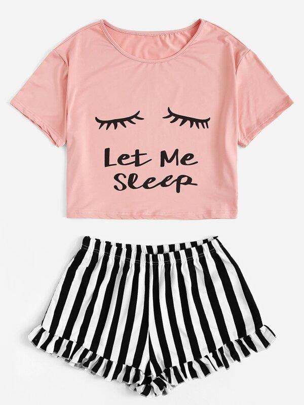 Eye and Letter Graphic Top & Ruffle Striped Shorts PJ Set - LuckyFash™