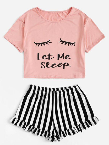 Eye and Letter Graphic Top & Ruffle Striped Shorts PJ Set - LuckyFash™