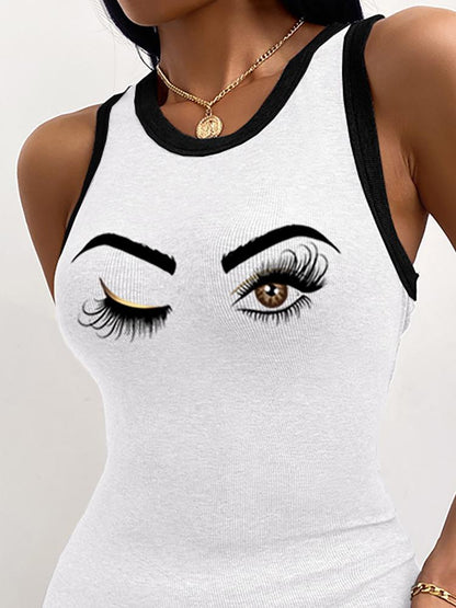 Eye-catching Eye Print Round Neck Ribbed Tank Dress - LuckyFash™