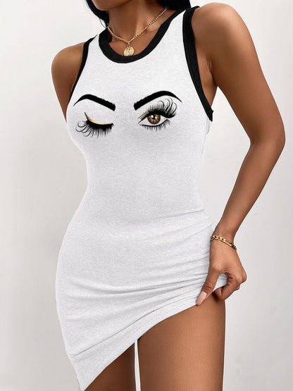 Eye-catching Eye Print Round Neck Ribbed Tank Dress - LuckyFash™