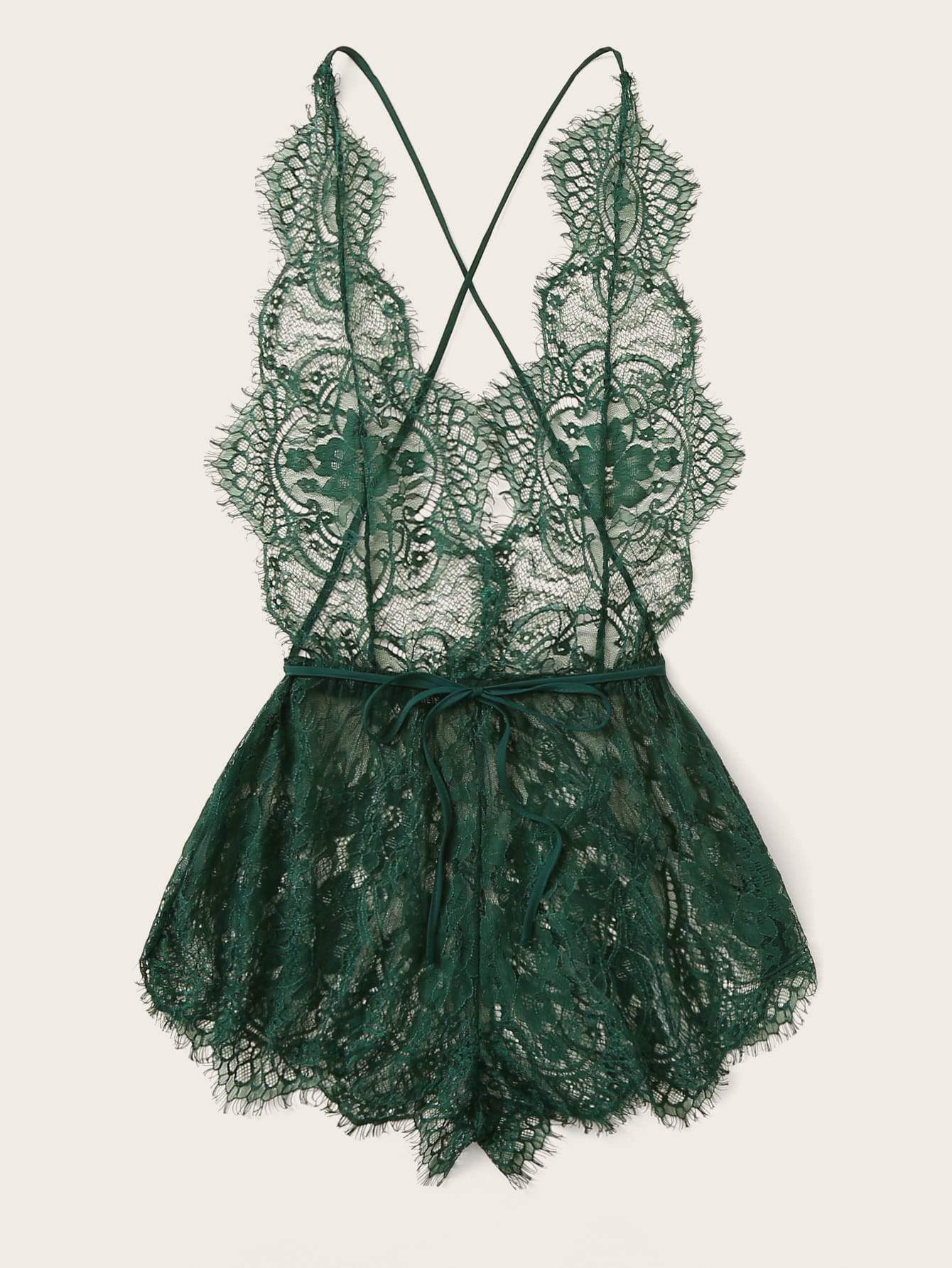 Eyelash Lace Plunging Sleep Romper - LuckyFash™