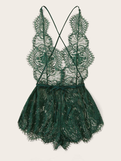 Eyelash Lace Plunging Sleep Romper - LuckyFash™