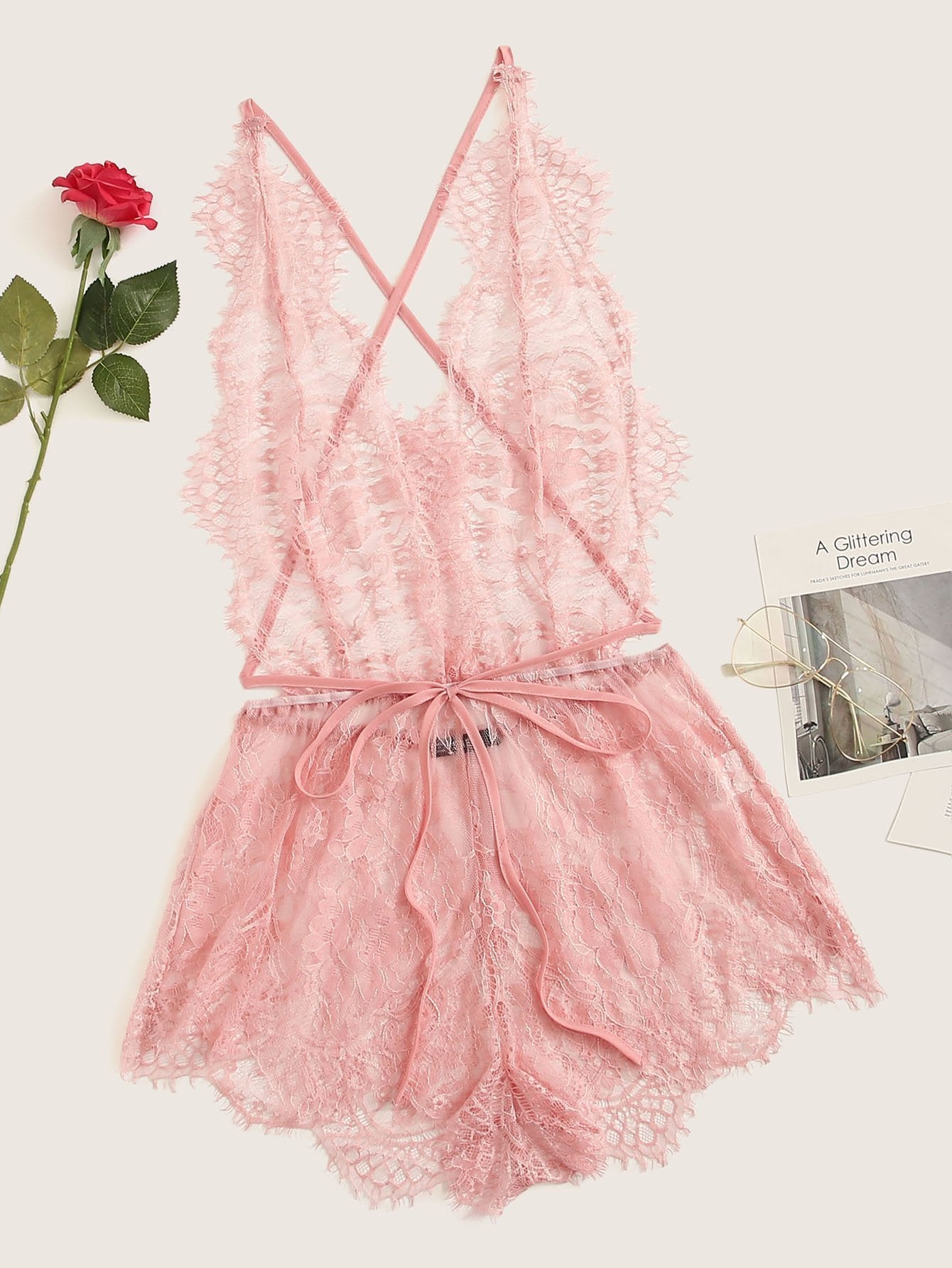 Eyelash Lace Plunging Sleep Romper - LuckyFash™