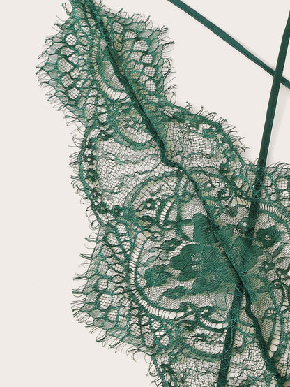 Eyelash Lace Plunging Sleep Romper - LuckyFash™