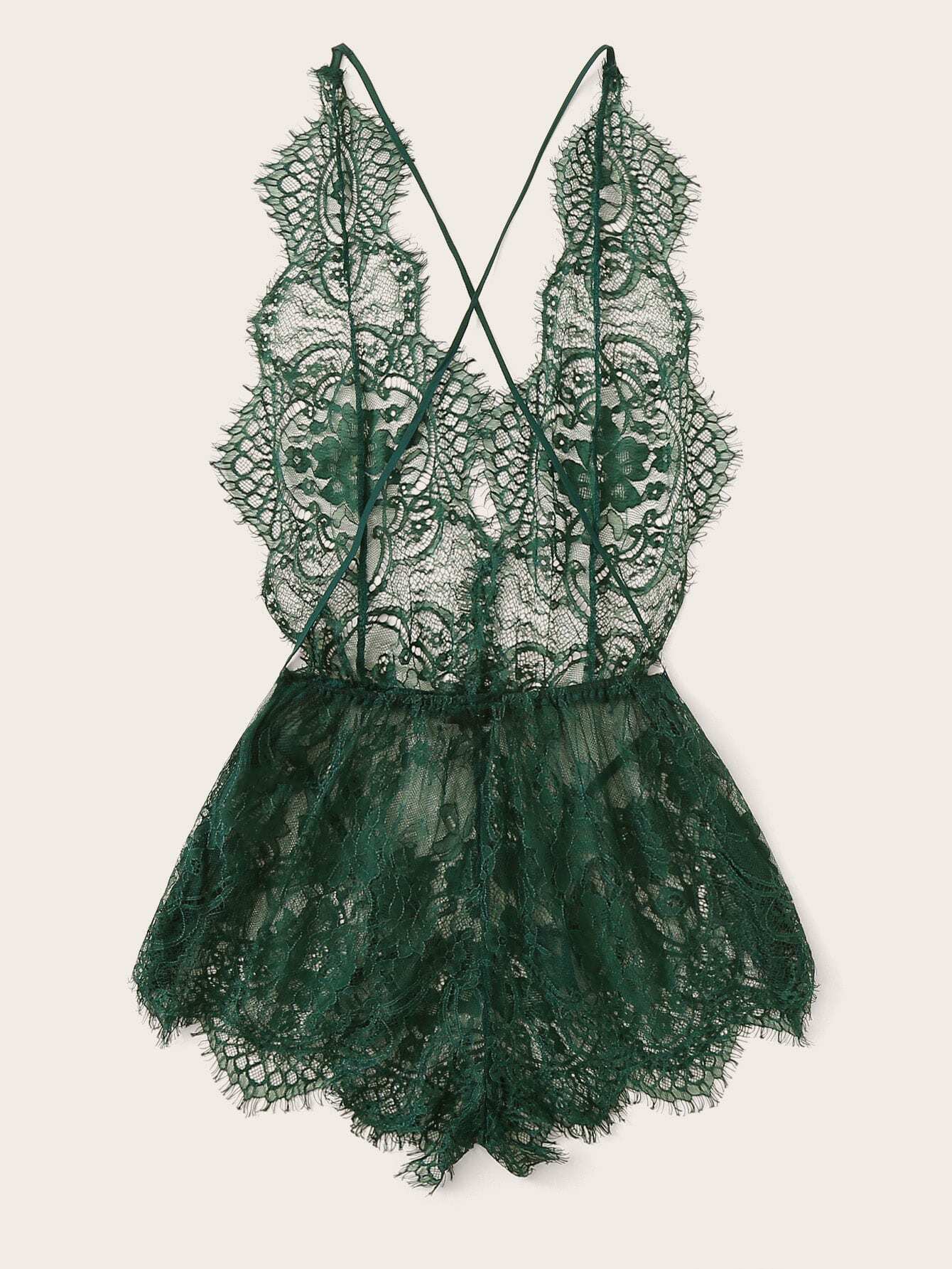 Eyelash Lace Plunging Sleep Romper - LuckyFash™