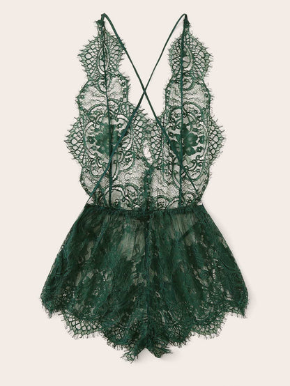 Eyelash Lace Plunging Sleep Romper - LuckyFash™