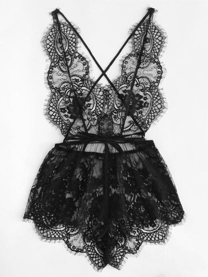 Eyelash Lace Plunging Sleep Romper - LuckyFash™
