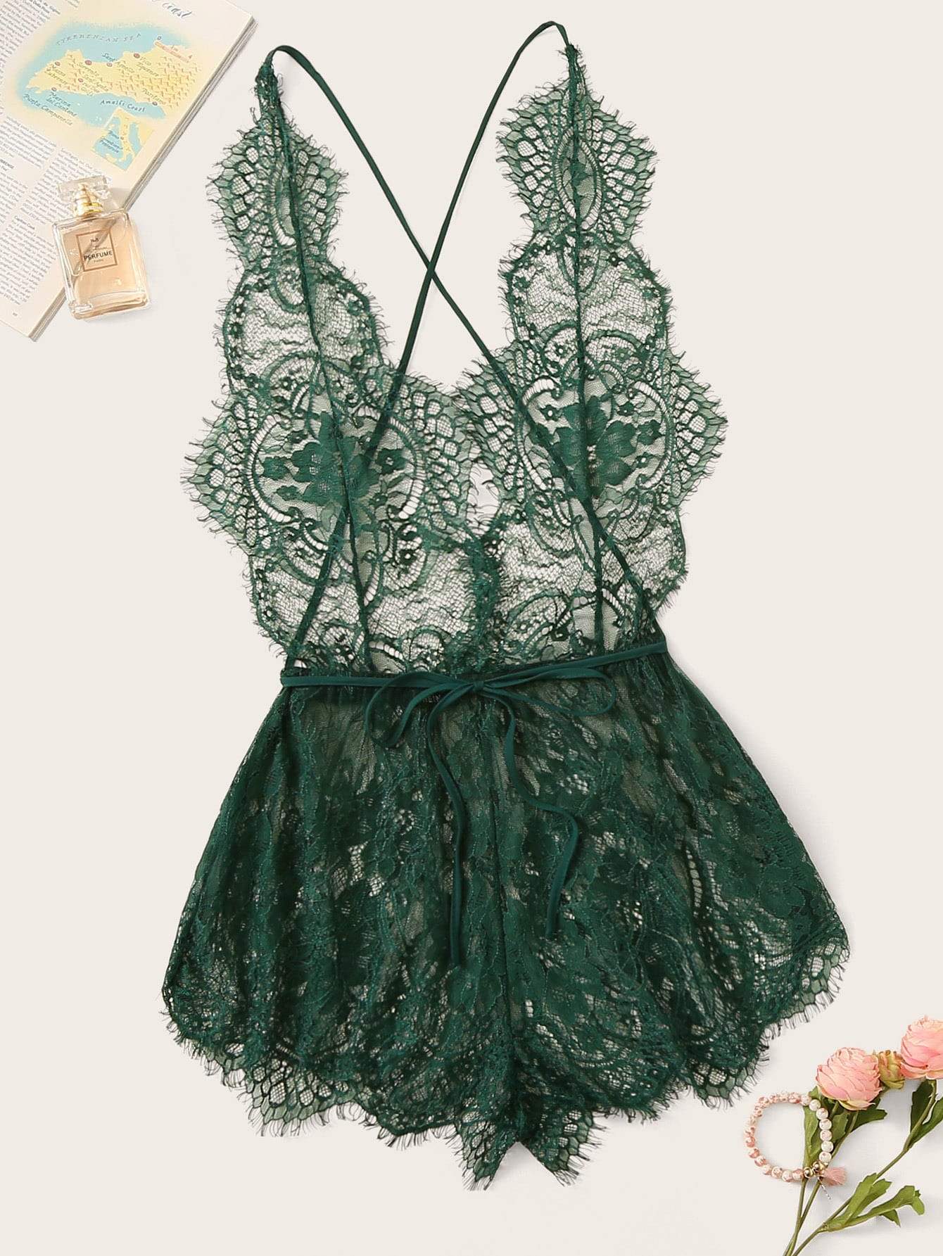 Eyelash Lace Plunging Sleep Romper - LuckyFash™