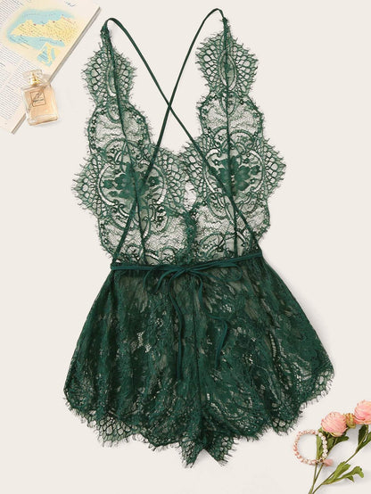 Eyelash Lace Plunging Sleep Romper - LuckyFash™