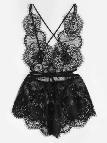 Eyelash Lace Plunging Sleep Romper - LuckyFash™