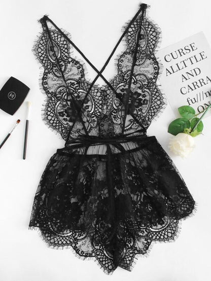 Eyelash Lace Plunging Sleep Romper - LuckyFash™