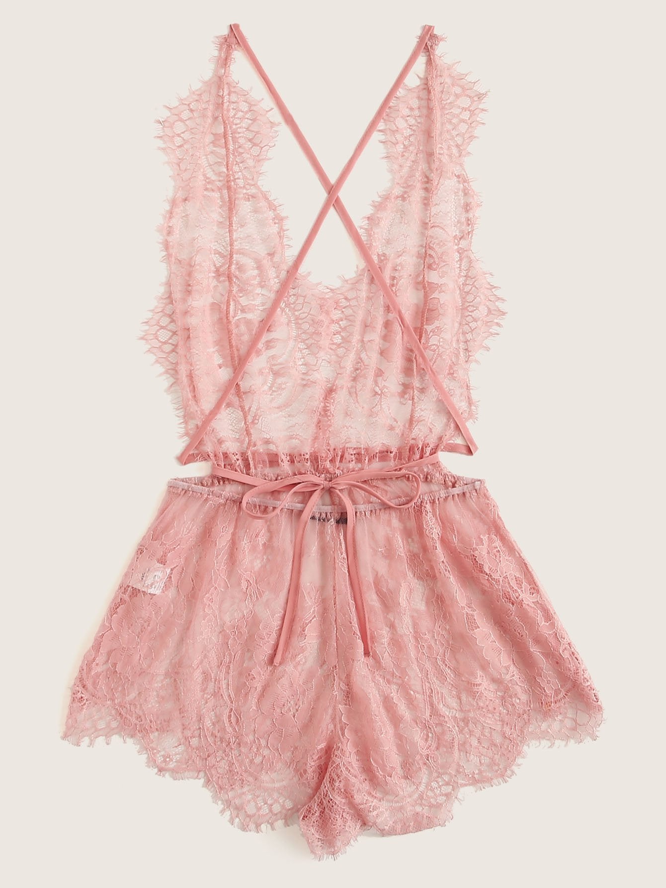 Eyelash Lace Plunging Sleep Romper - LuckyFash™