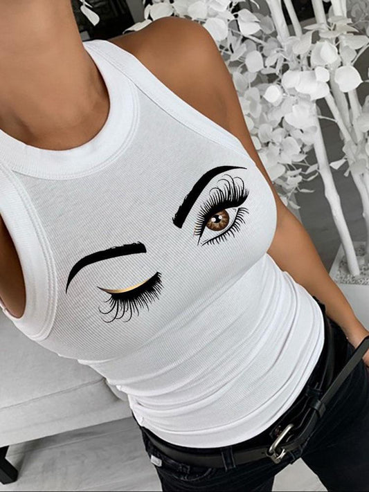 Eyelash Print Tank Tops Summer Sleeveless Basic Cami Top Shirt Slim Knit Ribbed Racerback Blouses - LuckyFash™