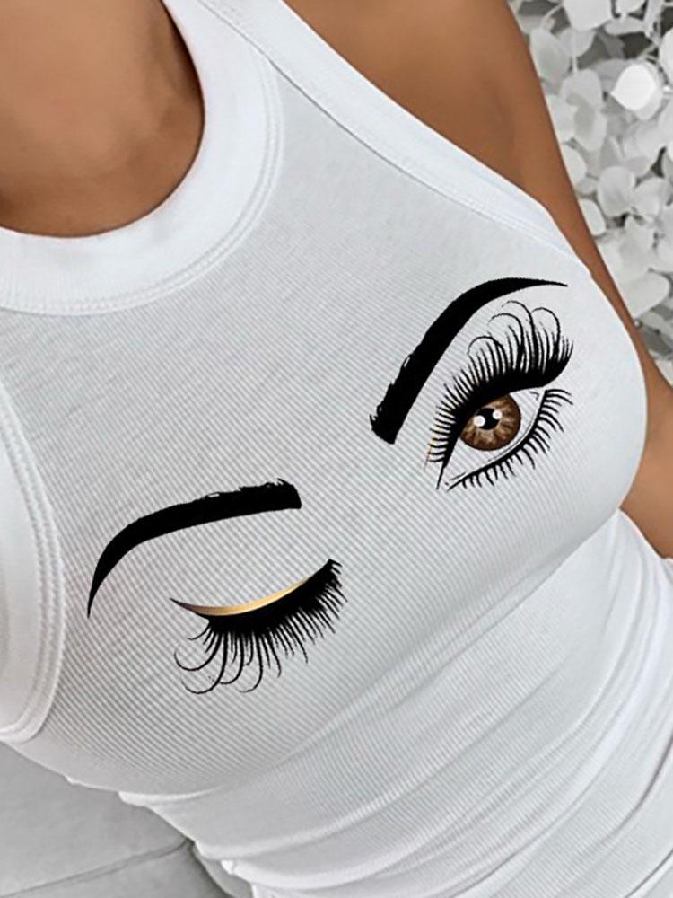 Eyelash Print Tank Tops Summer Sleeveless Basic Cami Top Shirt Slim Knit Ribbed Racerback Blouses - LuckyFash™