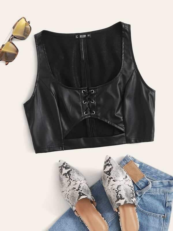 Eyelet Lace Up Cut-out PU Crop Tank Top - LuckyFash™