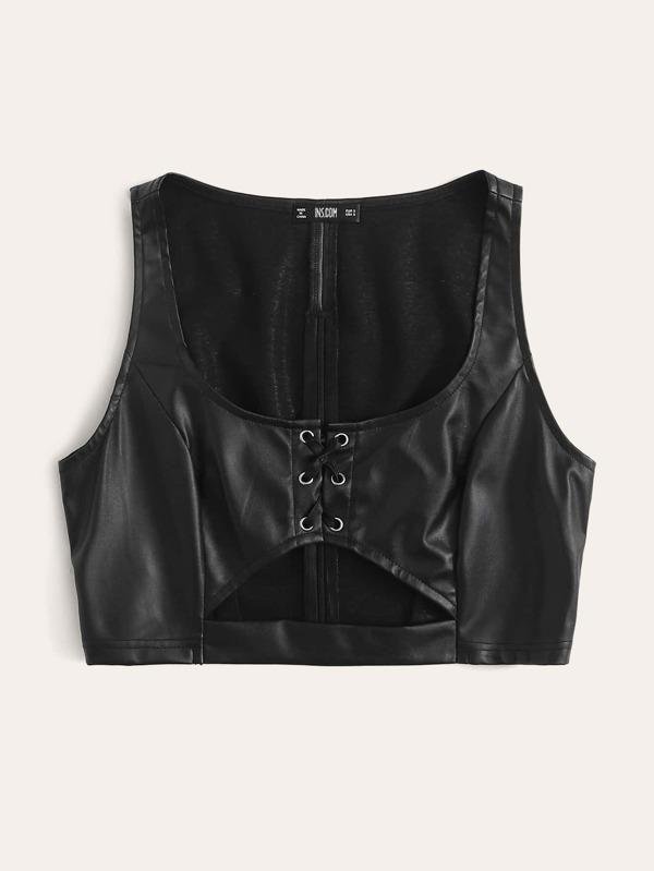 Eyelet Lace Up Cut-out PU Crop Tank Top - LuckyFash™
