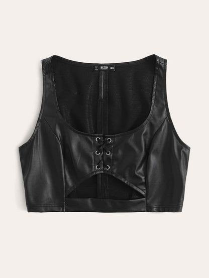 Eyelet Lace Up Cut-out PU Crop Tank Top - LuckyFash™