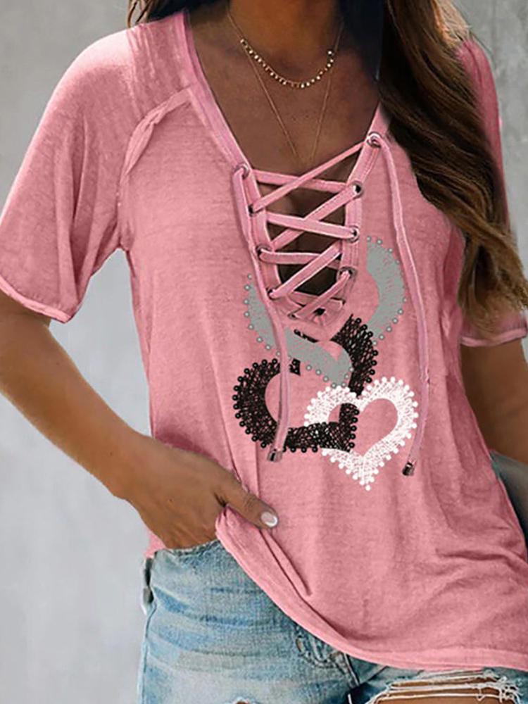 Eyelet Lace-up Heart Print Short Sleeve T-shirt - LuckyFash™