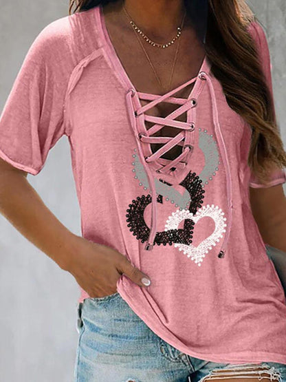 Eyelet Lace-up Heart Print Short Sleeve T-shirt - LuckyFash™