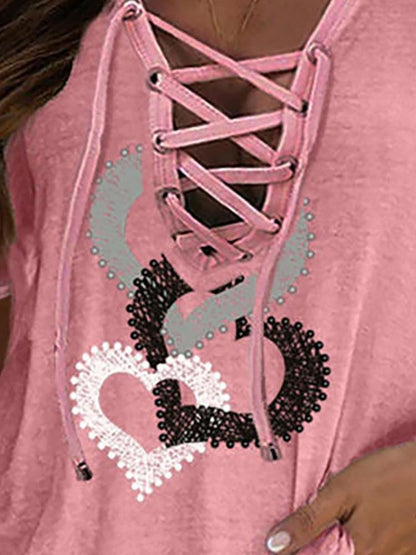 Eyelet Lace-up Heart Print Short Sleeve T-shirt - LuckyFash™
