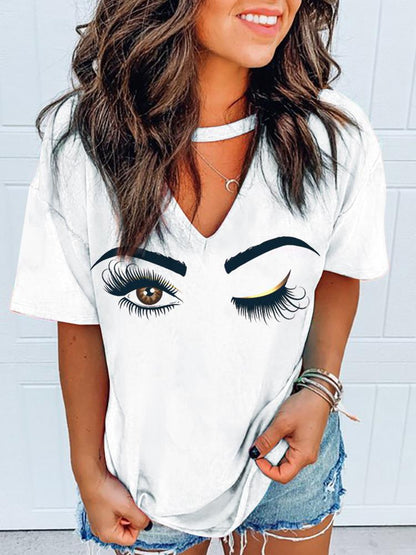 Eyes Print Cutout Front Casual T-shirt - LuckyFash™
