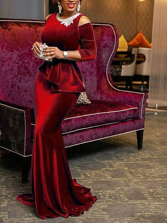 Womenâ€˜s Formal Party Dress Velvet Dress Red Sheath Dress Long Dress Maxi Dress Wine Dark Blue Black 3/4 Length Sleeve Pure Color Ruched Winter Fall Crew Neck Elegant Slim 2023 S M L XL 2XL 3XL - LuckyFash™