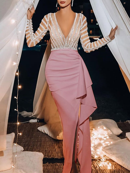 Womenâ€˜s Formal Party Dress Cut Out Dress Bodycon Sheath Dress Long Dress Maxi Dress Pink White Long Sleeve Color Block Sequins Fashion Winter Dress Fall Dress 2023 S M L XL XXL - LuckyFash™