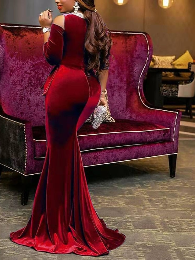 Womenâ€˜s Formal Party Dress Velvet Dress Red Sheath Dress Long Dress Maxi Dress Wine Dark Blue Black 3/4 Length Sleeve Pure Color Ruched Winter Fall Crew Neck Elegant Slim 2023 S M L XL 2XL 3XL - LuckyFash™