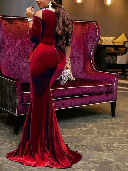 Womenâ€˜s Formal Party Dress Velvet Dress Red Sheath Dress Long Dress Maxi Dress Wine Dark Blue Black 3/4 Length Sleeve Pure Color Ruched Winter Fall Crew Neck Elegant Slim 2023 S M L XL 2XL 3XL - LuckyFash™